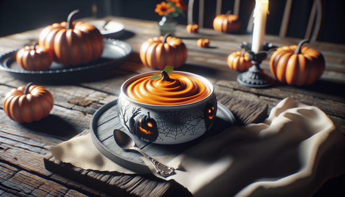 Crema di zucca decorata con elementi Halloween