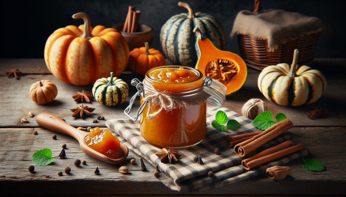 Marmellata di zucca speziata in un barattolo decorativo