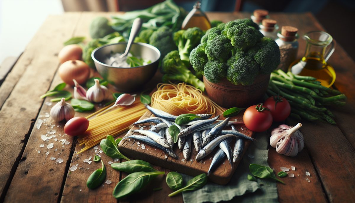 Pasta con broccoli e acciughe servita in un piatto