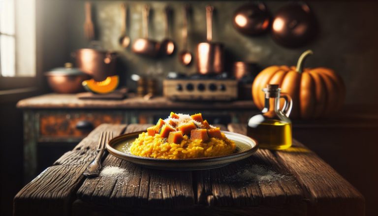 Risotto alla zucca con decorazioni moderne e ingredienti freschi