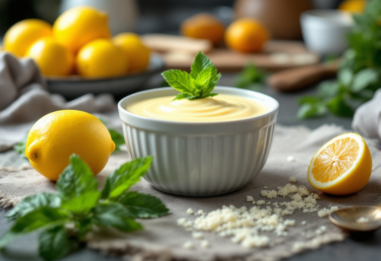 Budino al limone senza uova servito in una ciotola