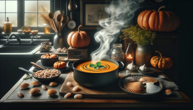 Capesante servite in una zuppetta di zucca e fagioli