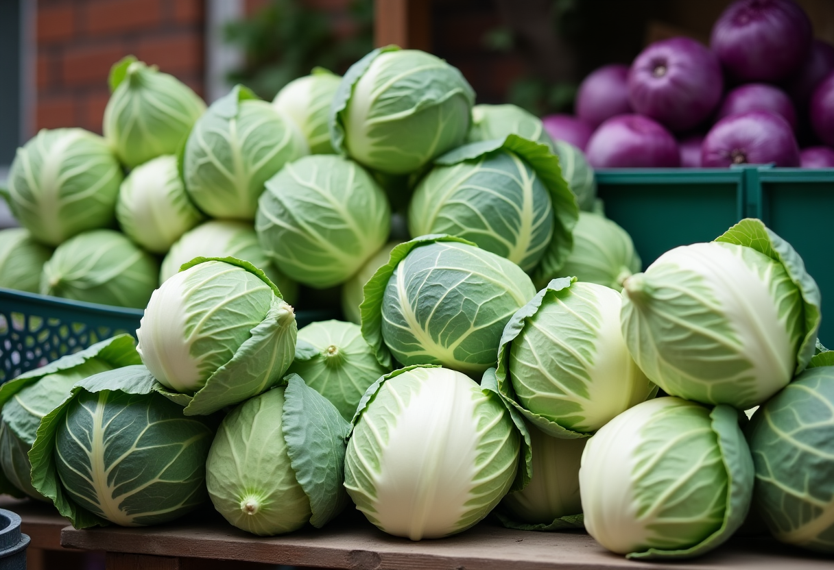 Varietà di cavoli freschi e colorati in cucina