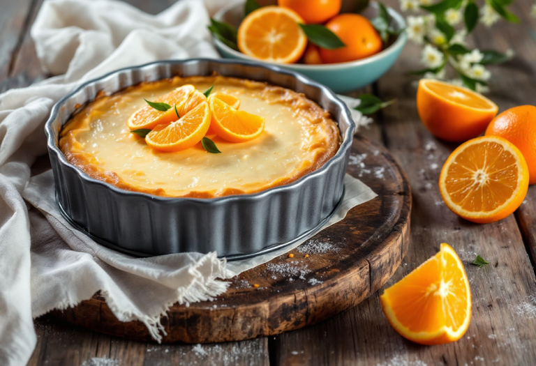 Cheesecake al mandarino decorata con fette di mandarino