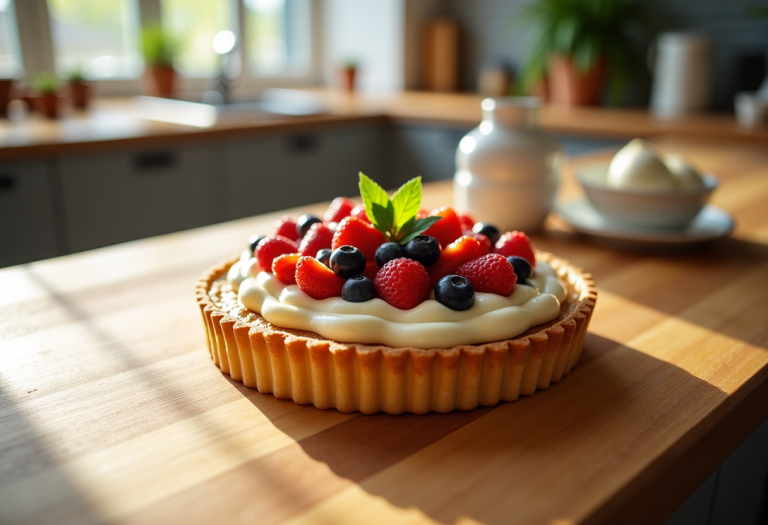 Crostata decorata con crema pasticcera e frutta colorata