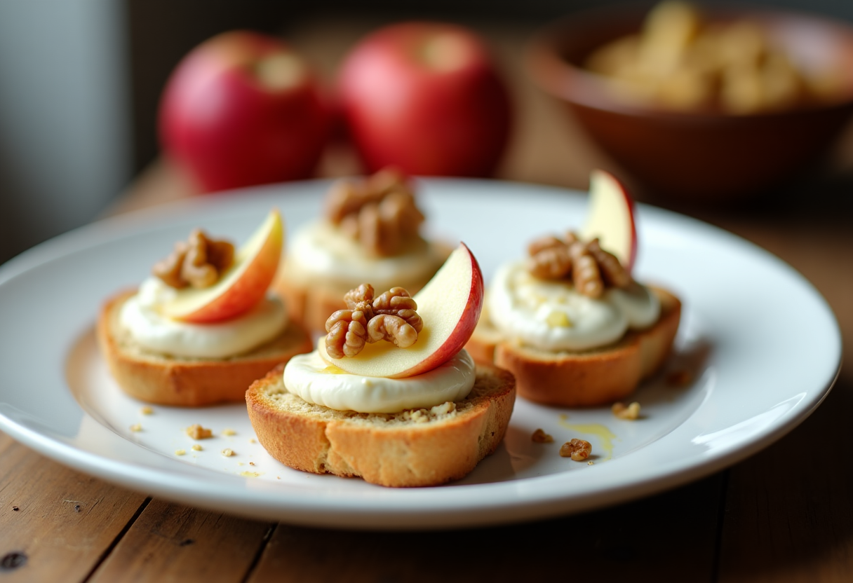 Crostini gourmet con roquefort, mele e noci