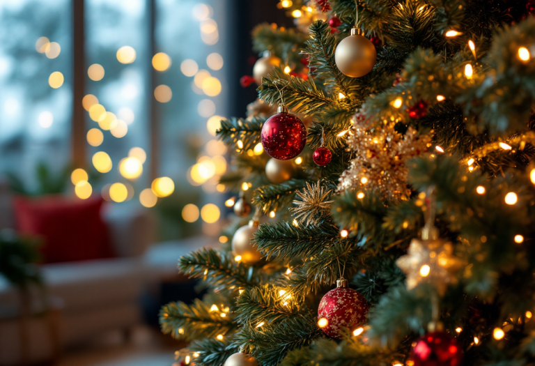 Albero di Natale decorato con luci e ornamenti festivi