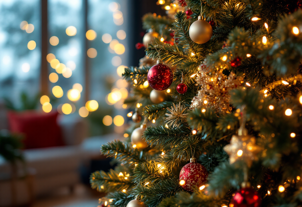 Albero di Natale decorato con luci e ornamenti festivi