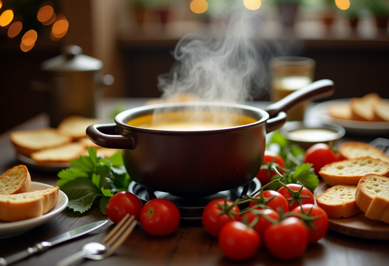 Fonduta di formaggio servita con pane e verdure fresche