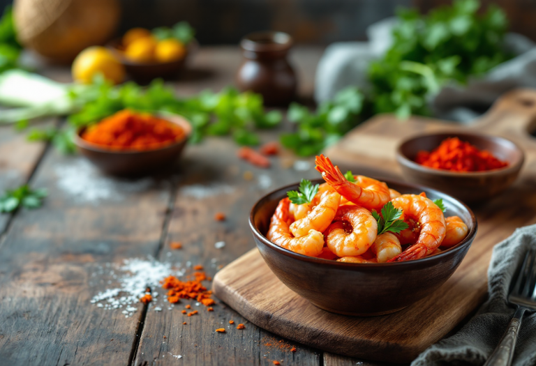 Gamberi grigliati con salsa al curry su un piatto