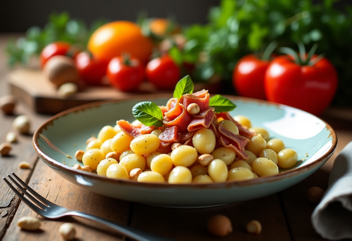 Gnocchi di erbette serviti con speck e nocciole croccanti