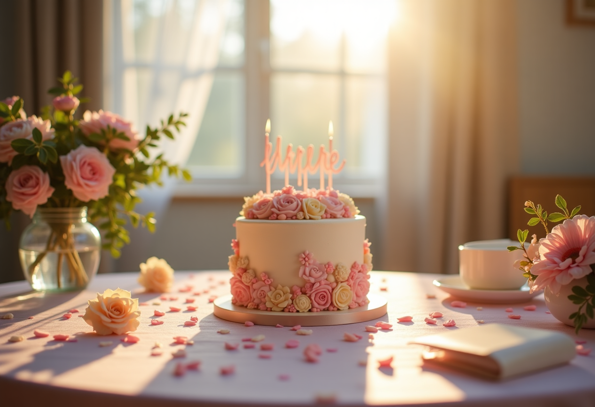 Torta di compleanno decorata con fiori e candele