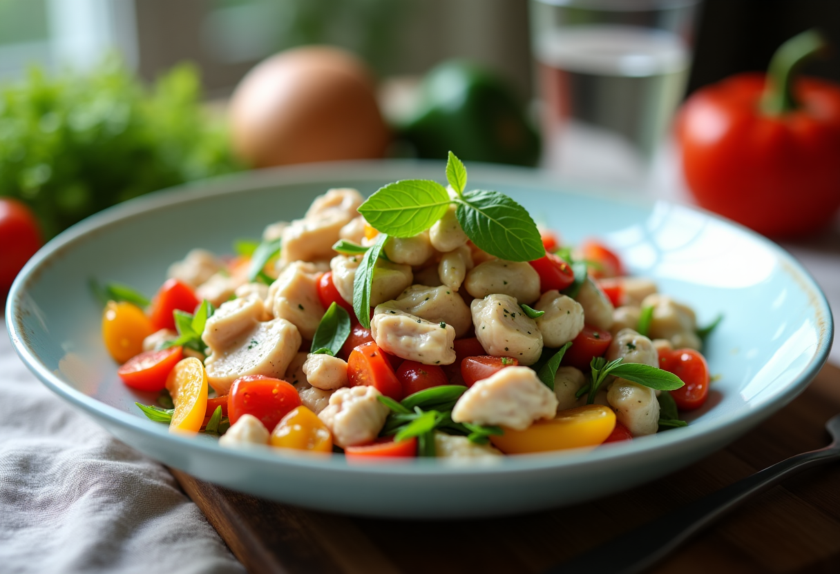 Insalata di pollo lesso con verdure fresche e condimenti