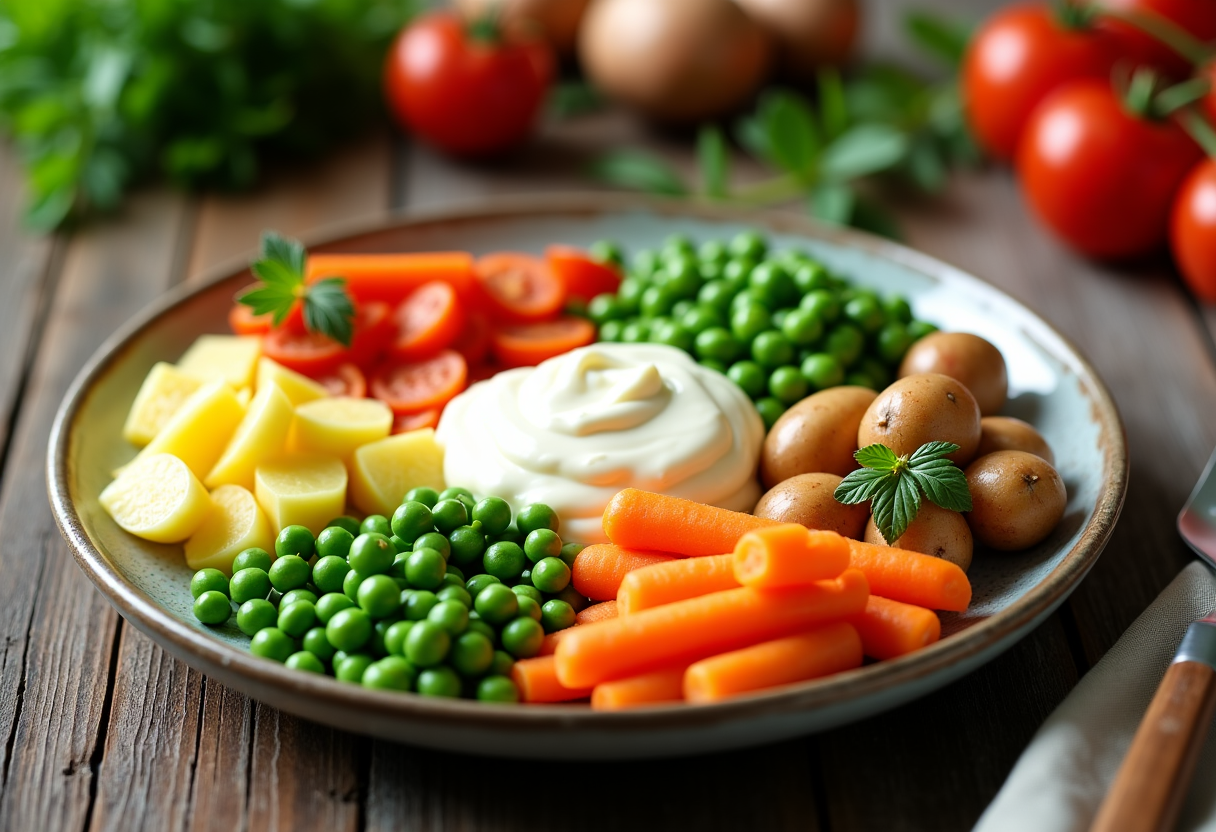 Insalata russa colorata con verdure e maionese