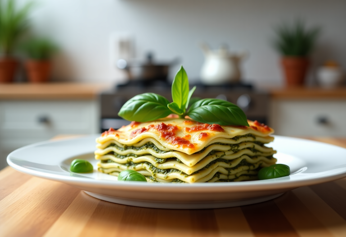 Deliziose lasagne al pesto pronte da servire in tavola