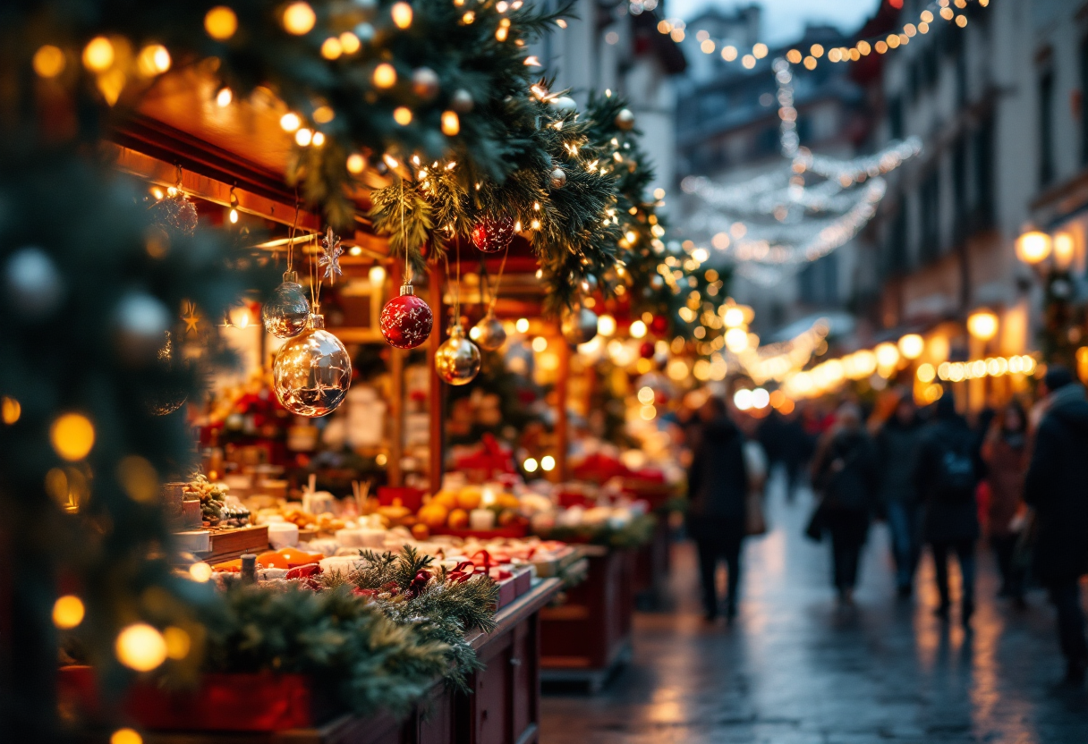 Mercatini di Natale in Italia con decorazioni festive