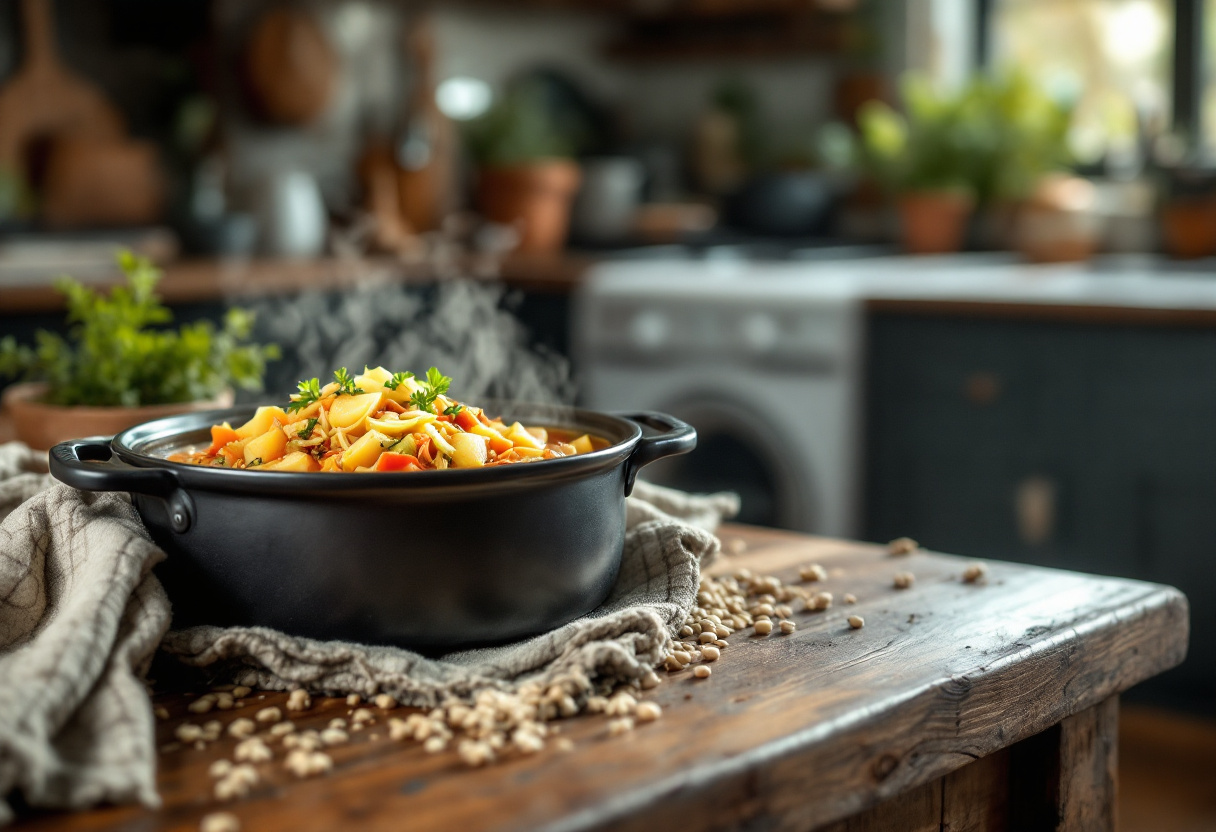 Minestra calda di farro, verza e patate in una ciotola