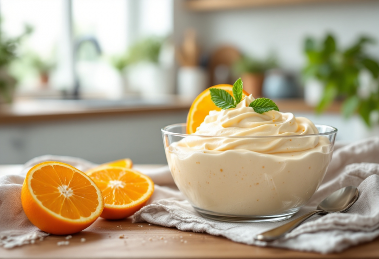 Mousse di mascarpone all'arancia servita in un bicchiere