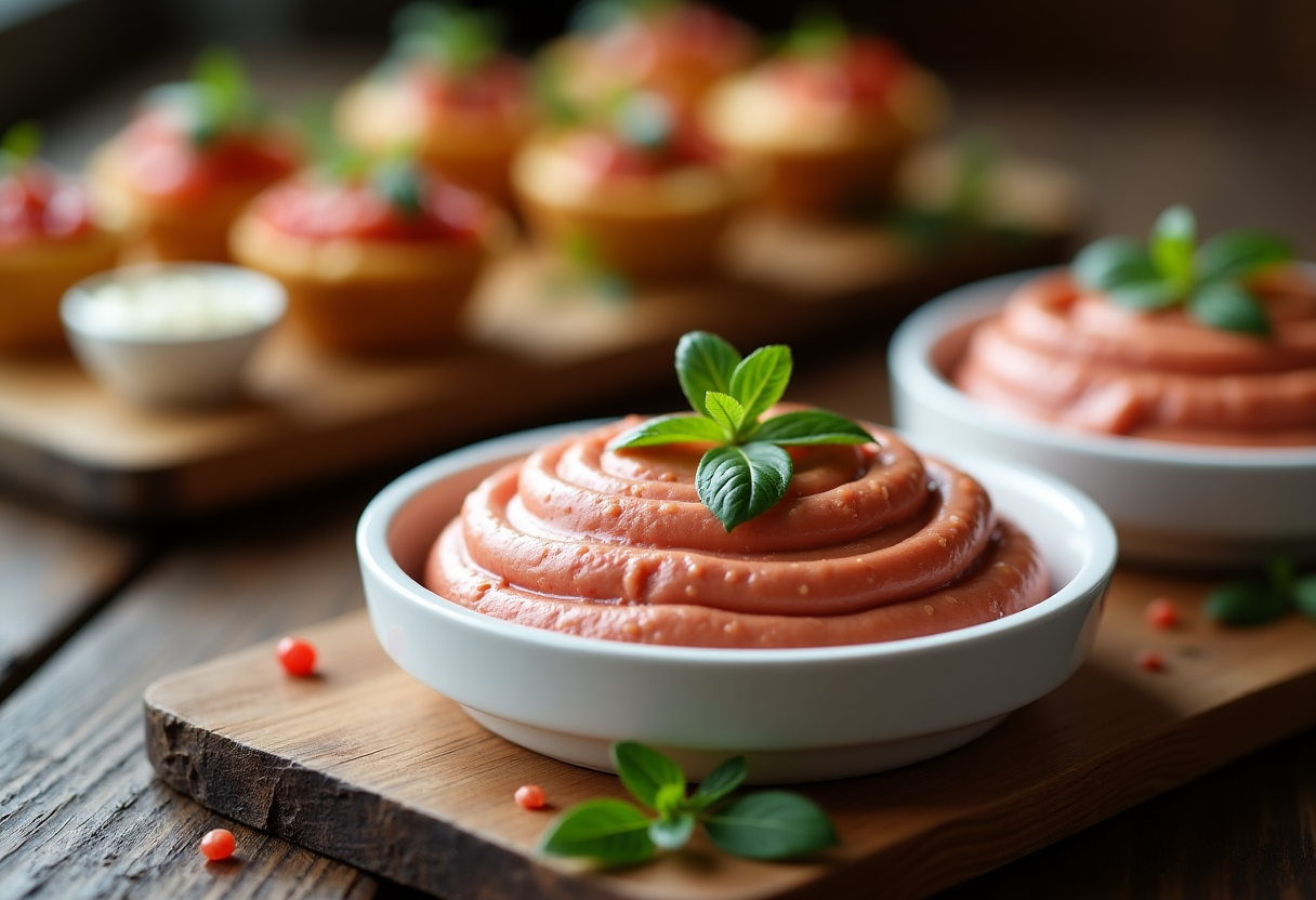 Mousse di mortadella servita in un piatto elegante