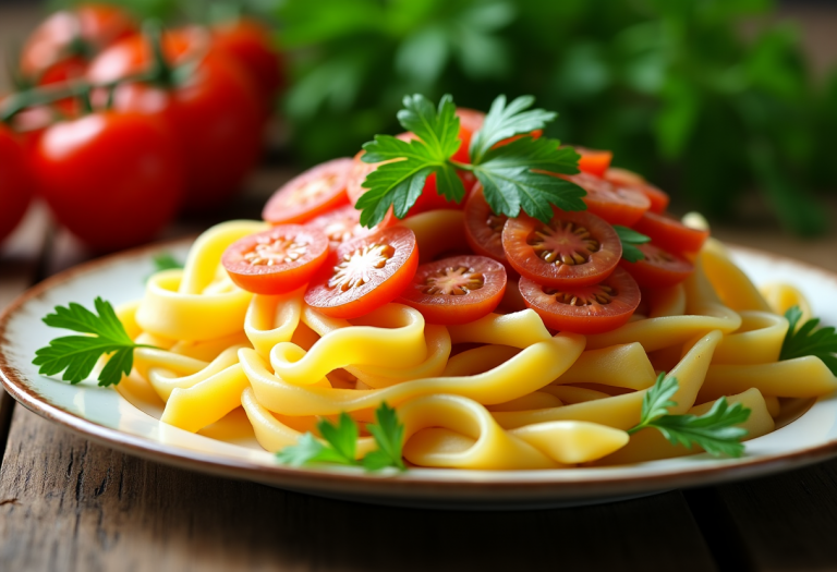 Paccheri con baccalà serviti in un piatto rustico