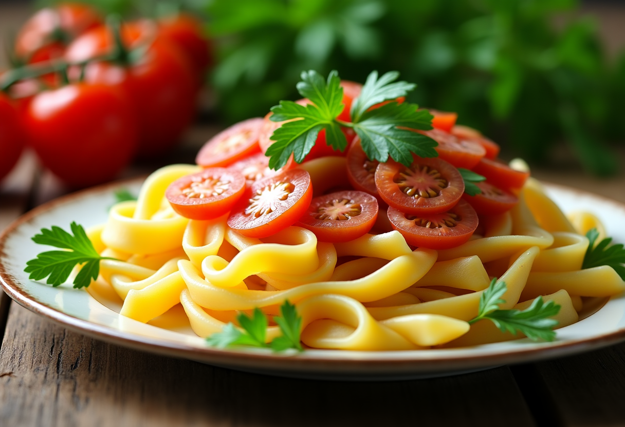 Paccheri con baccalà serviti in un piatto rustico