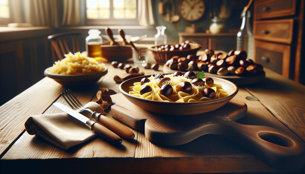 Pasta con castagne e crema di grana in un piatto autunnale