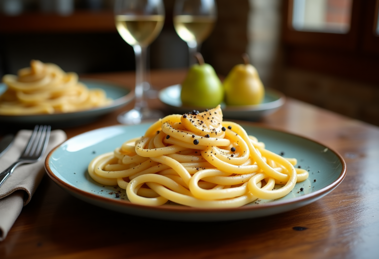 Pasta cacio, pepe e pere servita in un piatto elegante