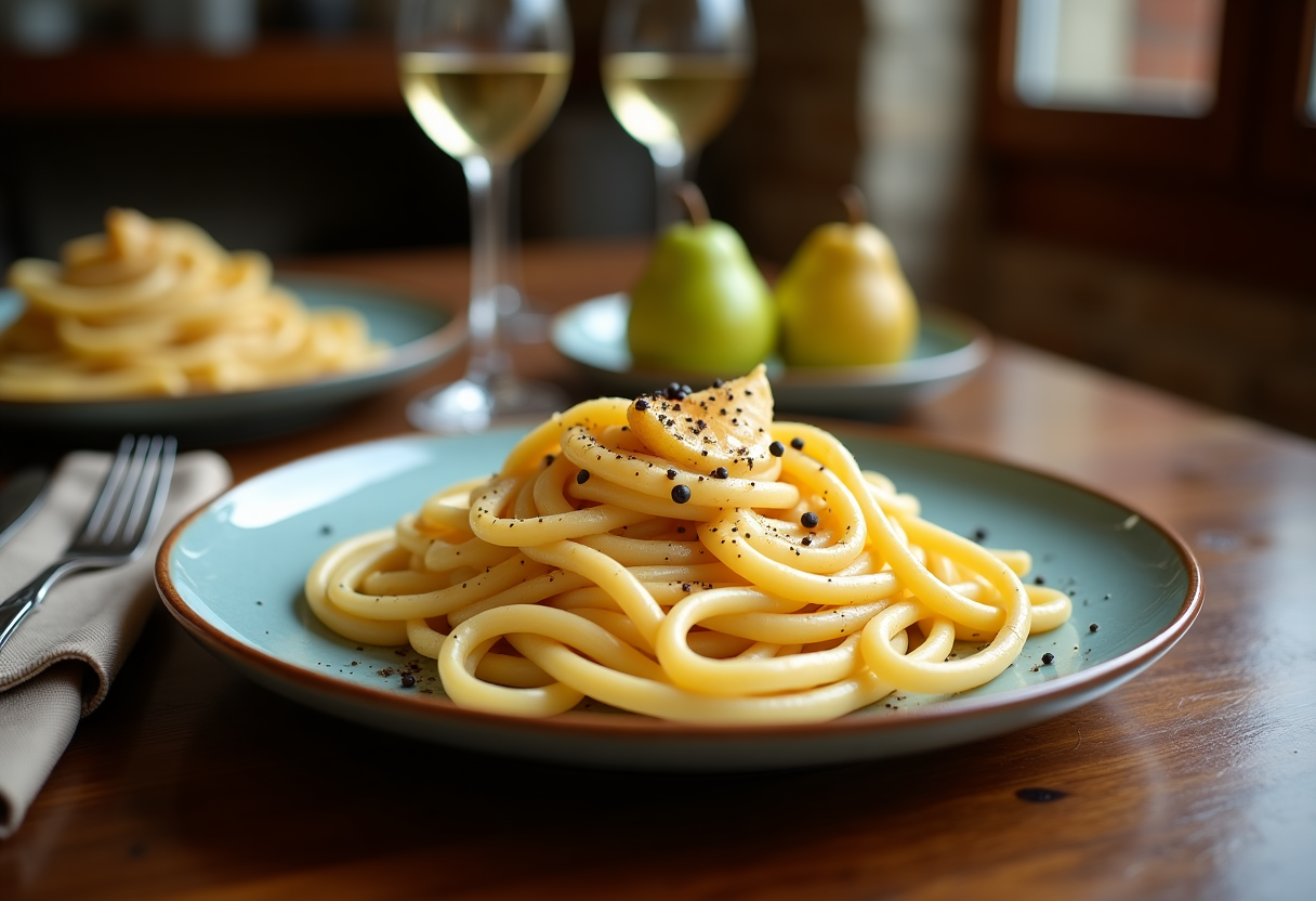 Pasta cacio, pepe e pere servita in un piatto elegante