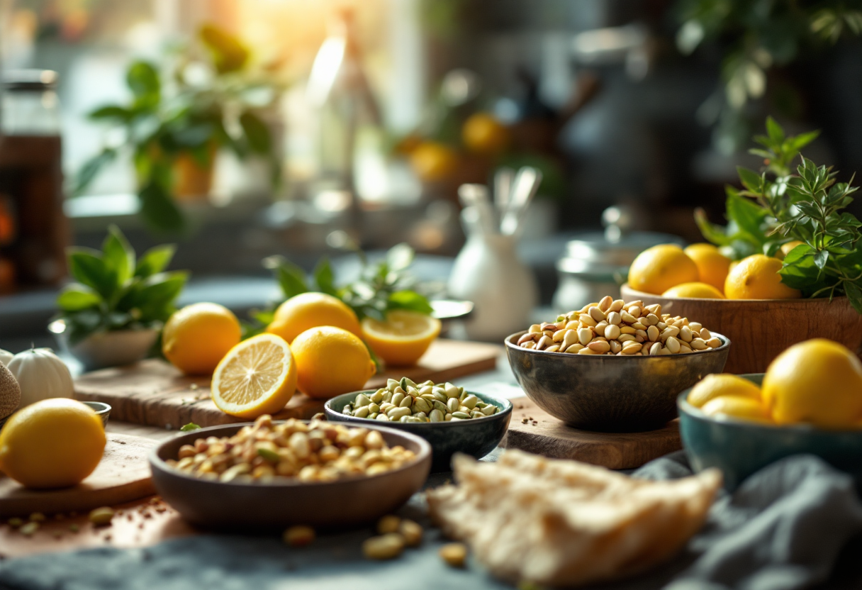 Pasta con pesto di pistacchi e limone servita in un piatto elegante