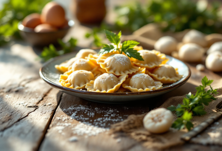 Pelmeni russi serviti con panna acida e erbe fresche