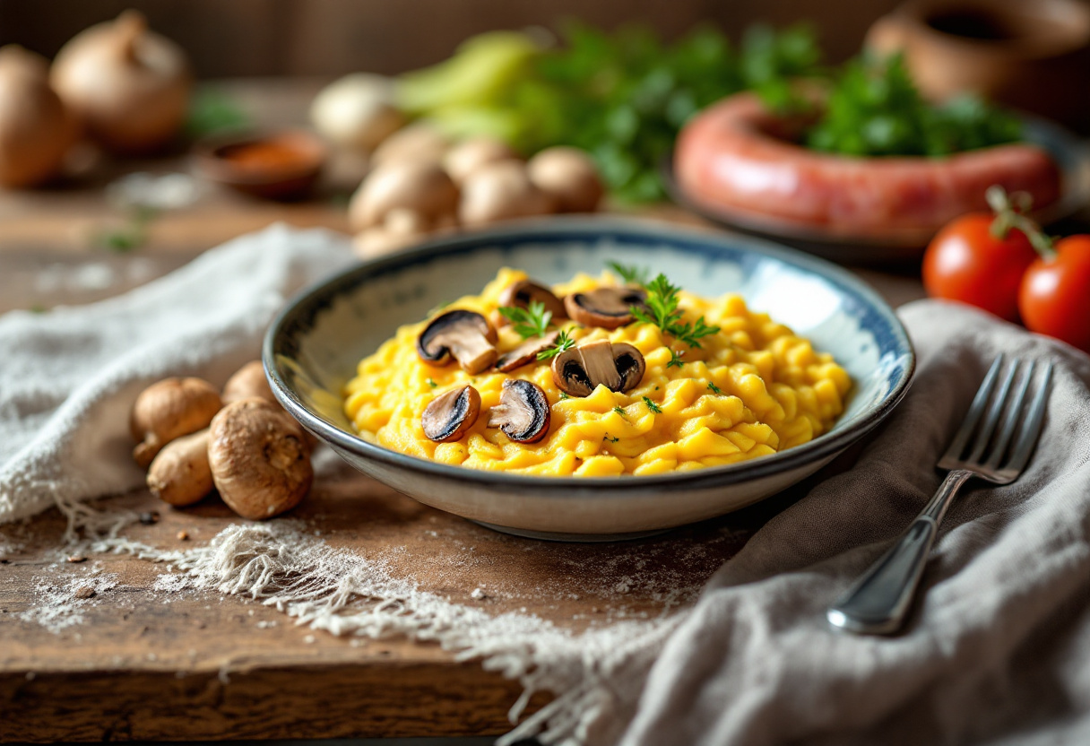 Piatto di polenta con funghi porcini e salsiccia