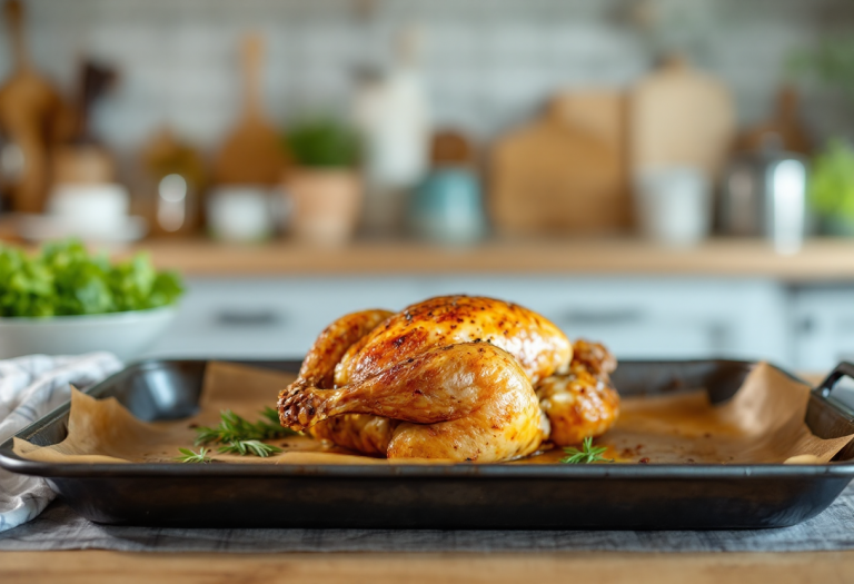 Pollo al forno con arance e olive verdi in un piatto