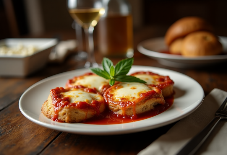 Pollo alla parmigiana servito con salsa di pomodoro e formaggio