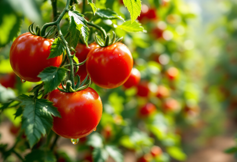 Pomodori San Marzano freschi su sfondo rustico