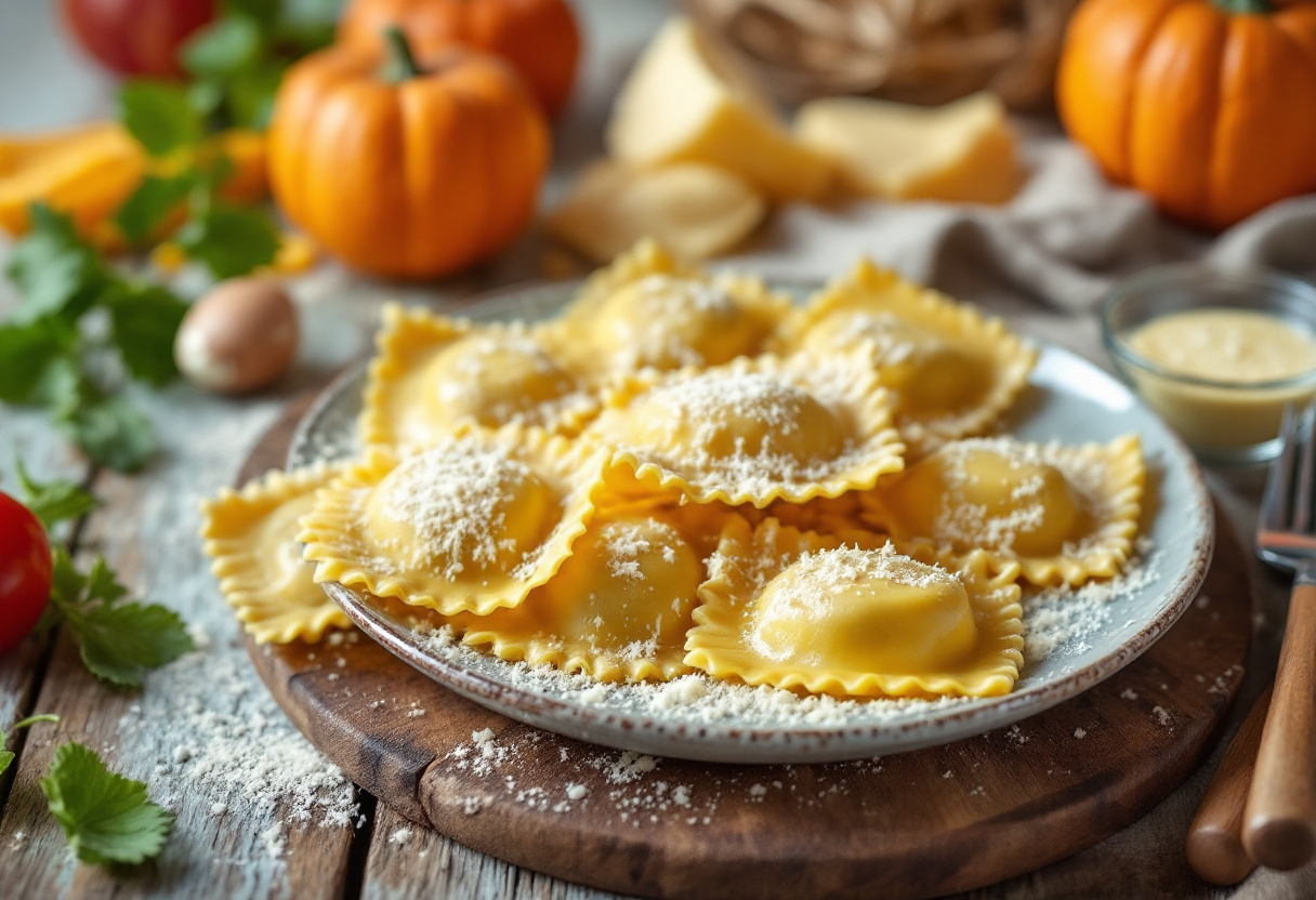 Ravioli di zucca serviti con salsa autunnale