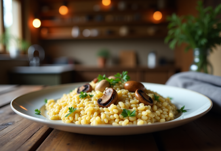 Delizioso risotto ai funghi chiodini servito in un piatto