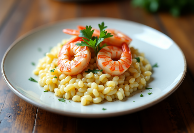 Piatto di risotto al limone con gamberi freschi