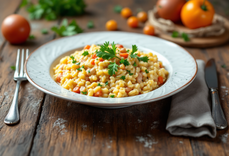 Un piatto di risotto alla romagnola con ingredienti freschi