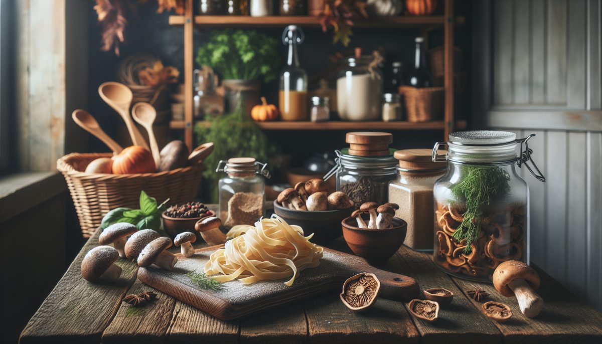 Piatto di tagliatelle ai funghi porcini con decorazioni