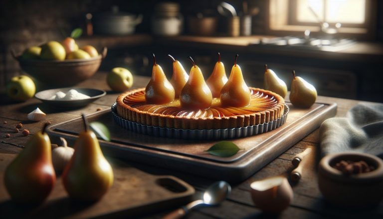 Tarte tatin di pere caramellate su piatto bianco