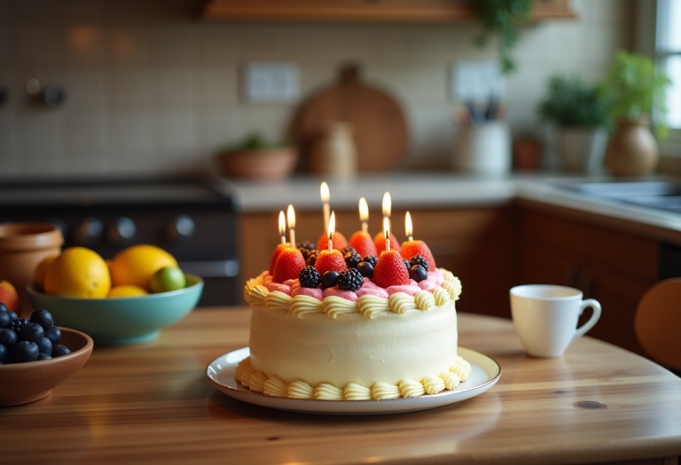 Deliziosa torta di compleanno decorata con panna e frutta