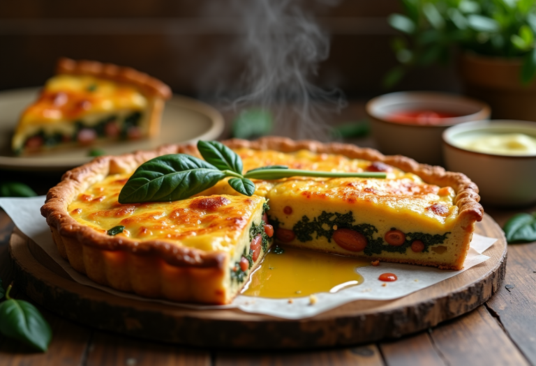 Torta salata con scarola appena sfornata e decorata