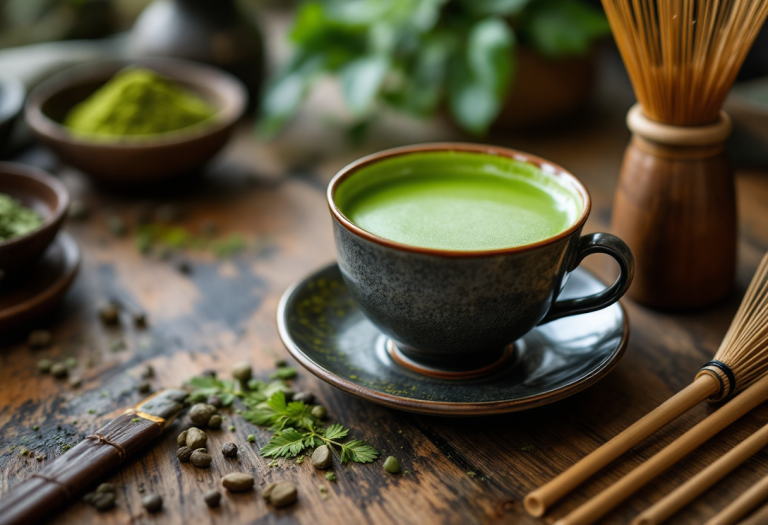 Tazza di tè verde con foglie fresche in Australia