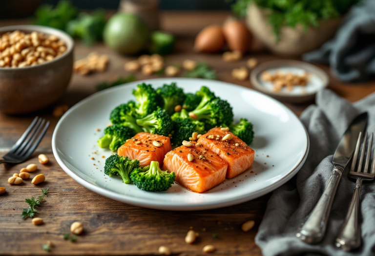 Bocconcini di salmone serviti con broccoletti e pinoli