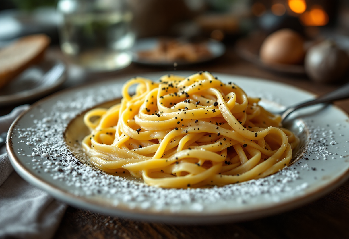 Piatto di cacio e pepe servito elegantemente