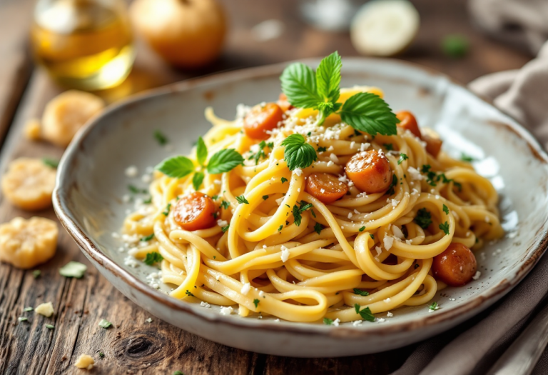 Piatto di carbonara di carciofi con ingredienti freschi