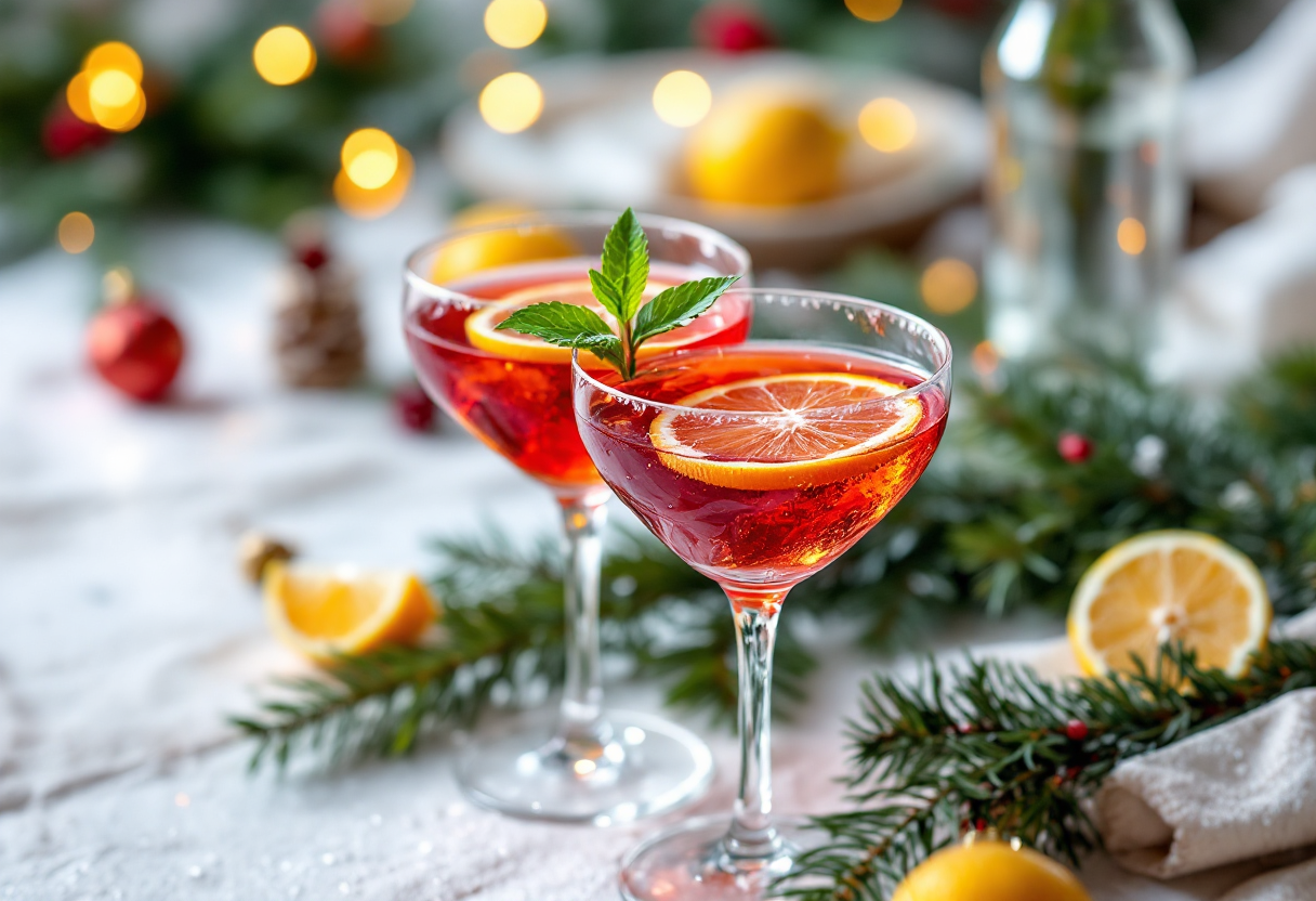 Cocktail analcolici festivi decorati con frutta e spezie