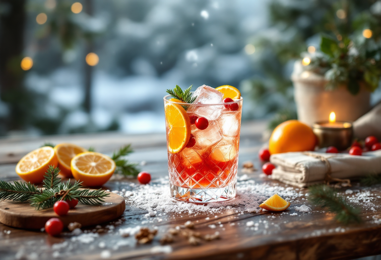 Un cocktail natalizio decorato con frutta e spezie