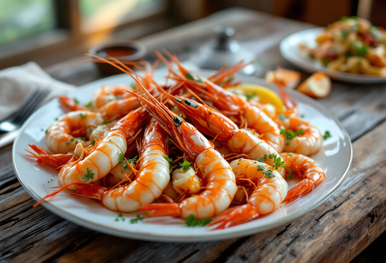 Scampi freschi pronti per essere puliti in cucina