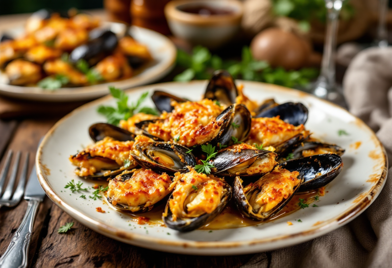 Cozze gratinate al forno con pangrattato e prezzemolo